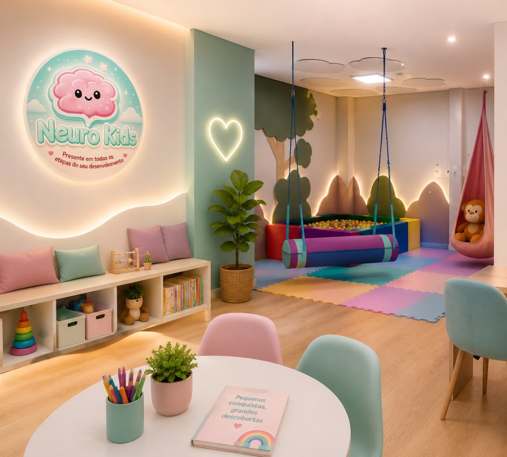 Interior da clínica Neurokids com logo iluminado, piscina de bolinhas, balanço terapêutico e ambiente acolhedor em tons rosa e verde-água