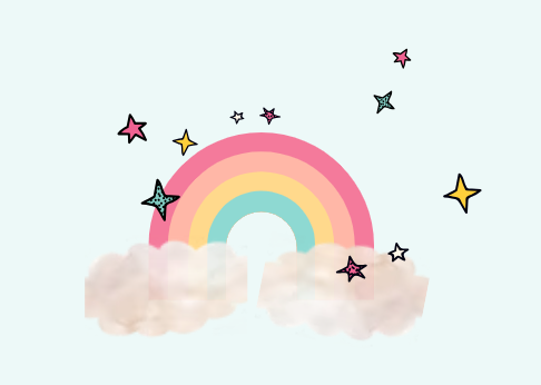 Ilustração de arco-íris com nuvens brancas e detalhes infantis